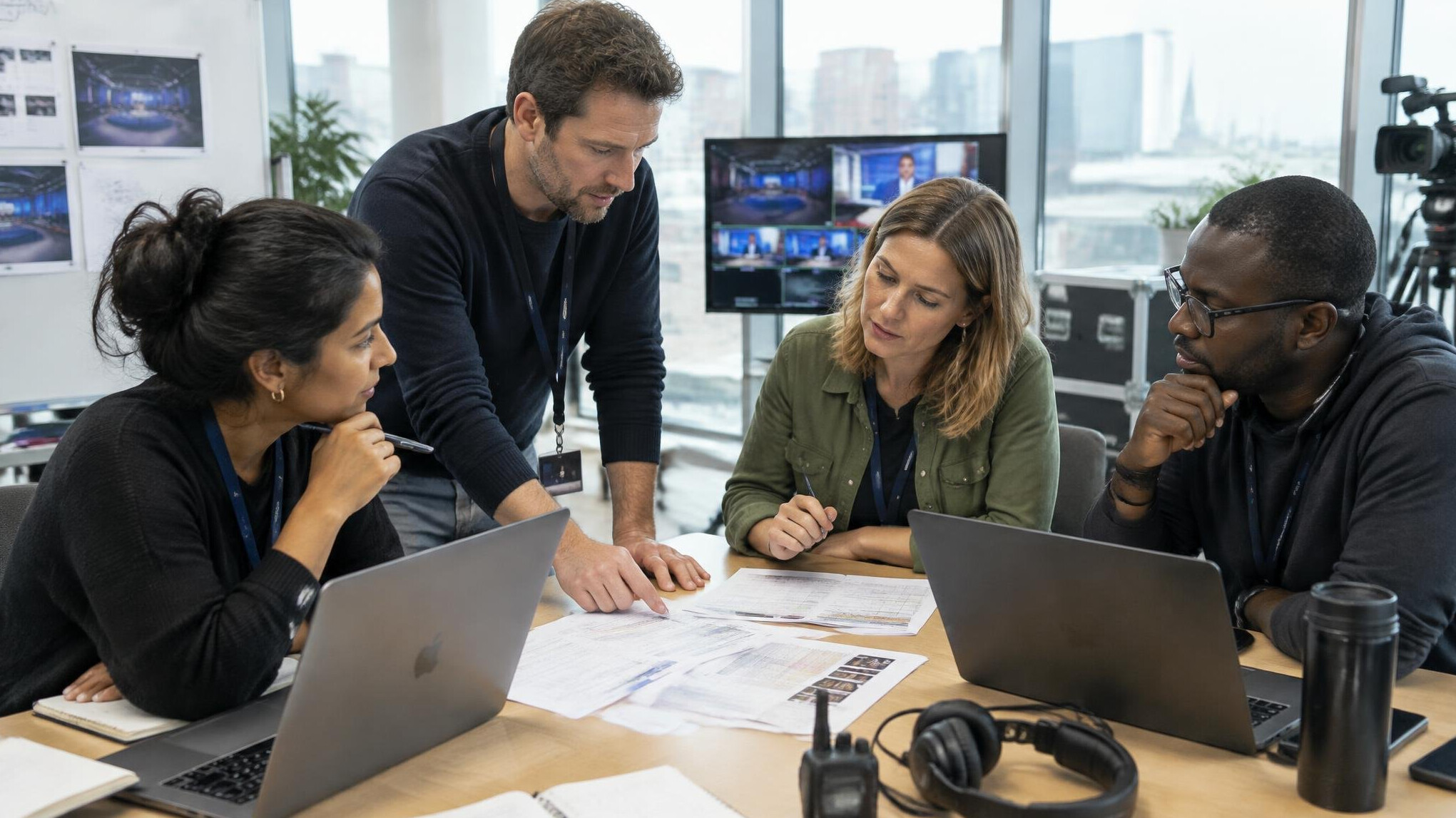 Production crew collaborating around laptops in a studio office