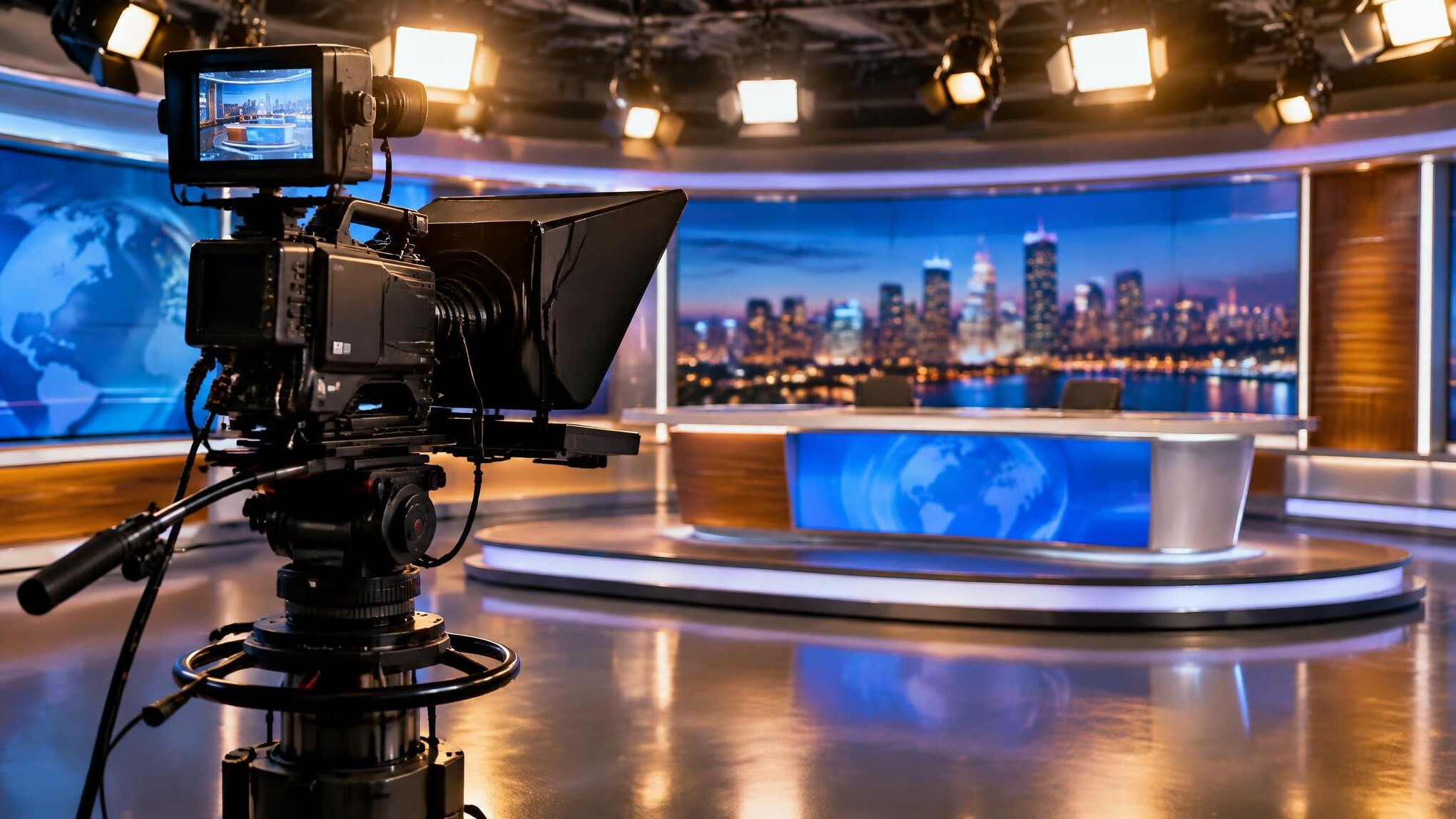 Television studio with professional camera on a tripod and studio lights
